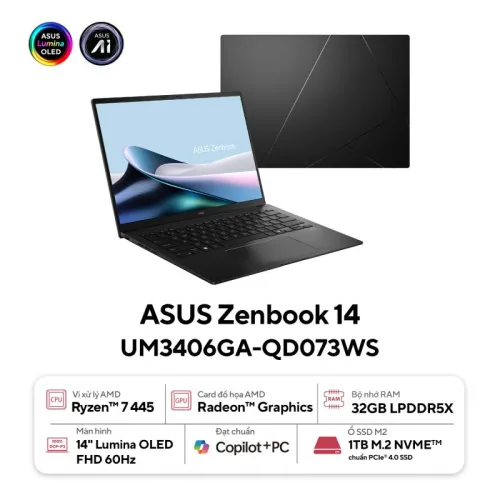 ASUS Zenbook UM3406 | AMD Ryzen AI 9 465 | RAM 16GB | SSD 512GB | 14 inch OLED WUXGA Touch - New Fullbox